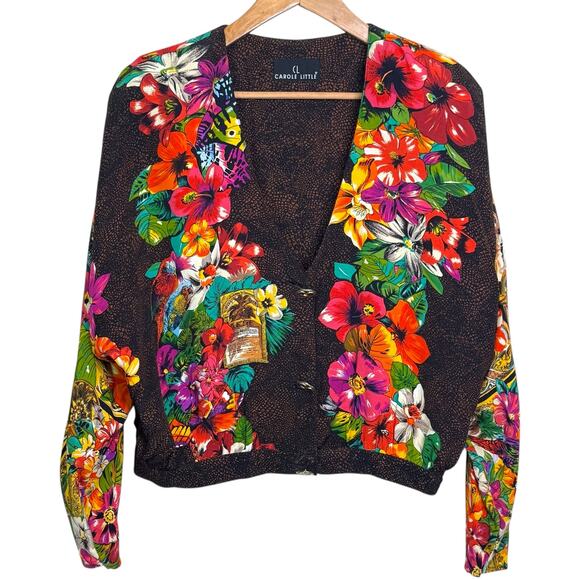 Vintage Carole Little Tropical Floral and Snakeskin Print Jeweled Button Jacket - Picture 1 of 9